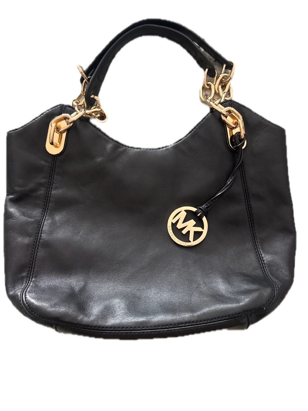 Michael Kors Black Leather Shoulder Tote with Gold Hardware